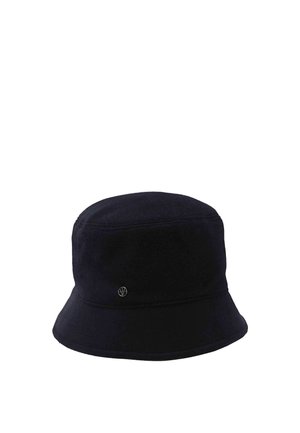Black fleece bucket hat with a subtle round metal logo on the side and a downward sloping brim.