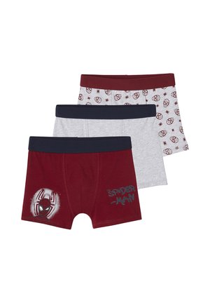 Drei-Paket Kinder-Boxershorts: burgunderrot mit Spider-Man-Motiv, grau mit rotem Druck und marineblau mit Bündchen; aus Baumwollstoff.