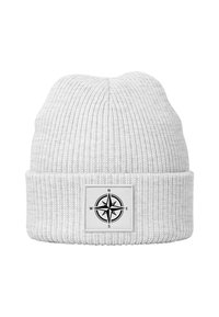 White knit beanie with a ribbed texture. Features a square patch displaying a black compass design with directional markers.
