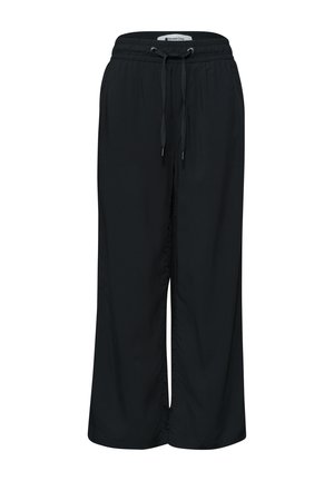 Pantalon noir à jambes larges avec taille élastique et cordon à l'avant, fabriqué en tissu lisse, avec une étiquette « Street One » à l'intérieur de la taille.