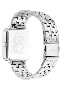 Edelstahl-Armbanduhr mit rechteckigem Gehäuse, einem metallischen Armband, wasserdicht bis 3 ATM und geprägten Details auf der Rückseite.