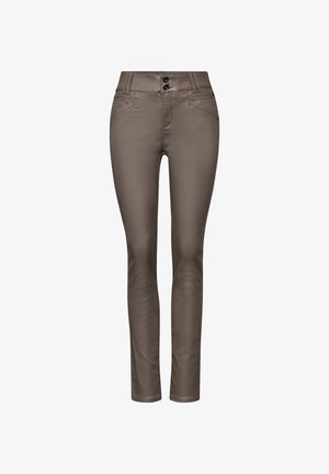 Taupekleurige slim-fit broek met voorzakken, dubbele knoopsluiting, riemlussen en een gladde stoftextuur.