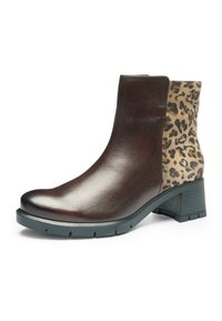 Brown leather ankle boot with leopard print fabric heel, black rubber sole, and low block heel.