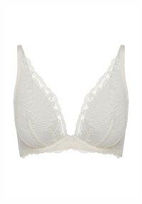 Koronkowy biustonosz w jasnym kremowym kolorze, z głębokim dekoltem, wzorem kwiatowym, gładką teksturą i regulowanymi cienkimi ramiączkami.