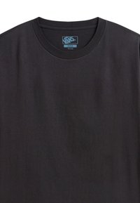 Black cotton t-shirt with a round neckline and short sleeves. Features a central logo tag labeled "Vans, Medium, 100% Cotton." Smooth texture.