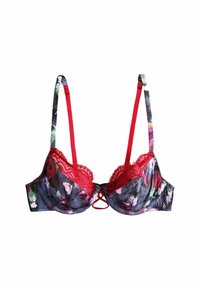 Soutien-gorge à motif floral avec une base noire, des bords en dentelle rouge et des bretelles rouges ajustables. Présente un petit nœud d'accent à l'arrière et un soutien-gorge à armatures.
