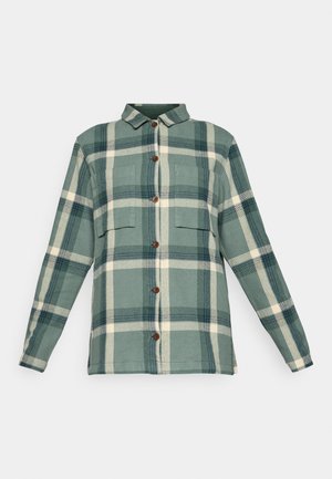 Green and cream plaid button-up shirt with long sleeves, two chest pockets, and a classic collar, displayed on a white background.