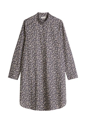 Robe chemise à manches longues avec boutons, fond sombre et motif floral petit en blanc et couleurs claires, col sans col.