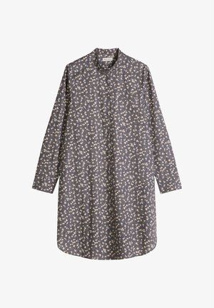 Langärmeliges Hemdblusenkleid mit dunklem Hintergrund und kleinem weißem sowie hellfarbenem Blumenmuster, kragenloser Ausschnitt.