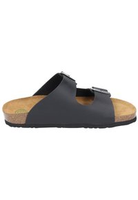 Black slide sandals with two adjustable straps, cork footbed, and rubber outsole. Features smooth synthetic material and a comfortable design.
