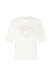 White short-sleeve T-shirt made of smooth cotton featuring a circular silver logo with mountain graphic, text, and dotted accents.