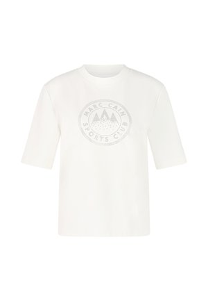 White short-sleeve T-shirt made of smooth cotton featuring a circular silver logo with mountain graphic, text, and dotted accents.