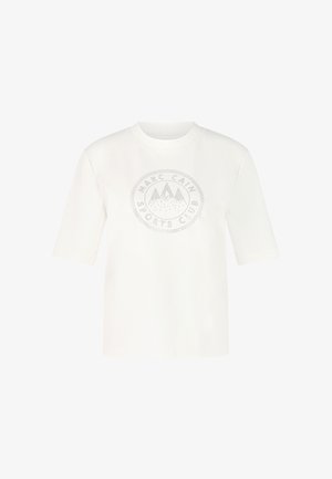 White short-sleeve T-shirt made of smooth cotton featuring a circular silver logo with mountain graphic, text, and dotted accents.