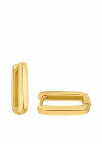 Pendientes de metal tono dorado con un diseño geométrico, que presentan un acabado liso y formas rectangulares. Bordes planos y redondeados con un estilo minimalista.