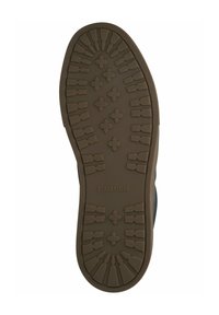 Suola di scarpa in gomma con un motivo di presa testurizzato, caratterizzata da forme geometriche rialzate. Colore marrone con accenti neri. Contrassegnata "BLACKSTONE."