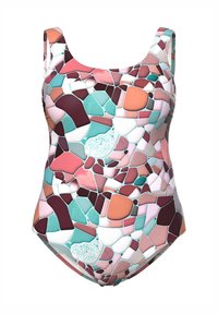 Maillot de bain une pièce arborant un motif en mosaïque avec diverses formes dans des tons de rose, bleu sarcelle, blanc et bordeaux. Le matériau semble lisse et extensible.