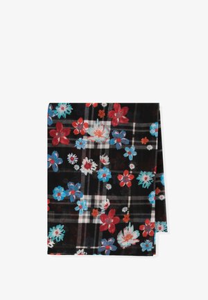 Foulard floreale con motivo a quadri neri e fiori rossi, blu e bianchi; realizzato in tessuto leggero con una texture liscia.