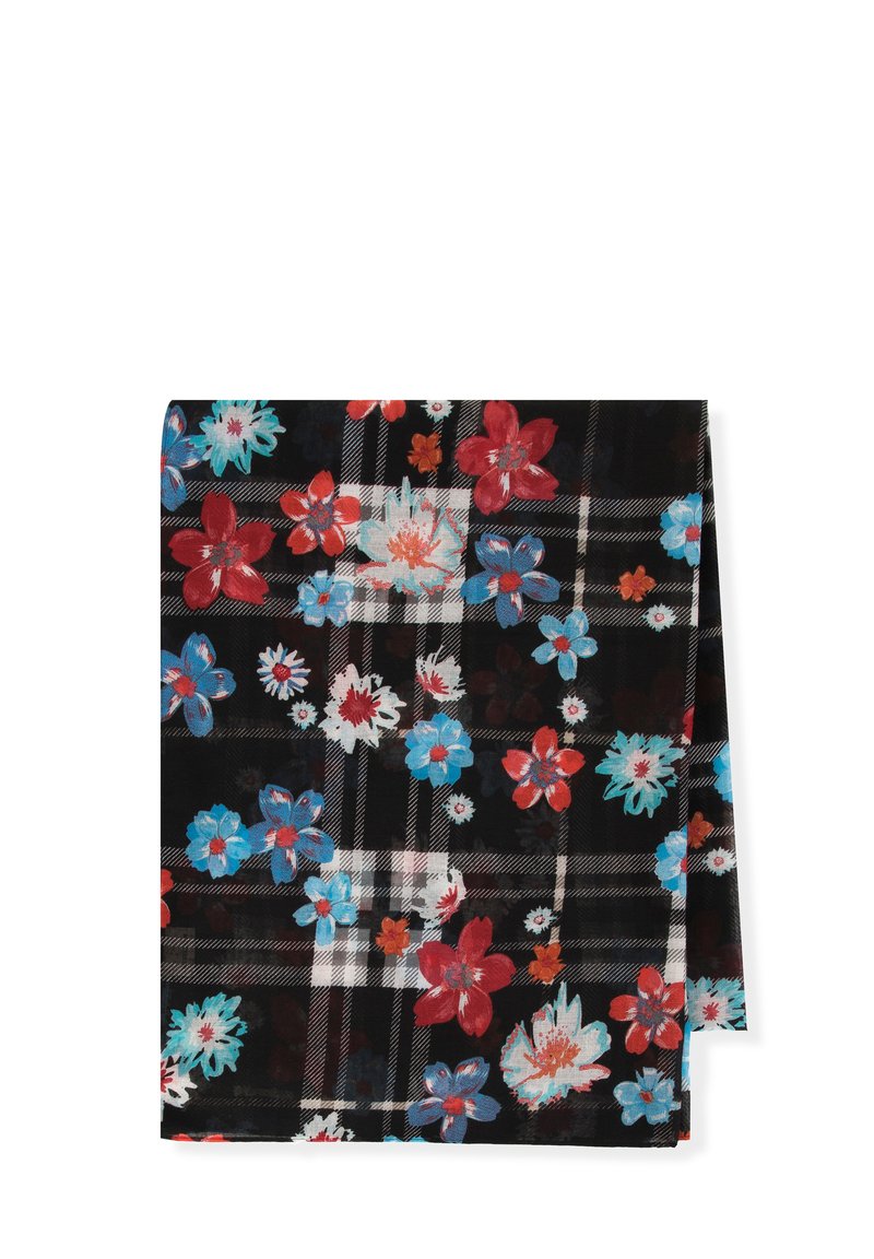 Écharpe florale à motif tartan noir avec des fleurs rouges, bleues et blanches ; faite d'un tissu léger avec une texture douce.