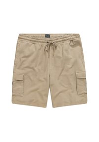 Shorts cargo beiges avec une taille élastique et un cordon de serrage, dotés de poches latérales et d'une poche cargo sur la jambe gauche. Texture de tissu douce.