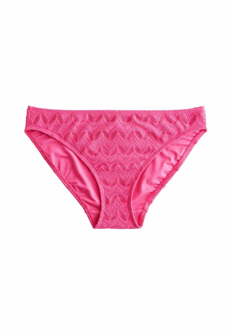 Rosa Bikini-Höschen mit strukturiertem Wellenmuster auf der Vorderseite und glattem Stoff auf der Rückseite. Die Kantenverarbeitung ist elastisch für zusätzlichen Komfort.