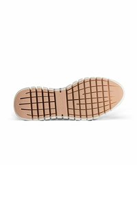 Suola delle scarpe ECCO con una superficie in gomma color cammello testurizzata, caratterizzata da un bordo bianco e un motivo di tasselli distintivo per aderenza e durata.