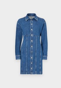 Denim skjortekjole i mellomblått, med knappefront, lange ermer, krage og vertikale sømdetaljer.
