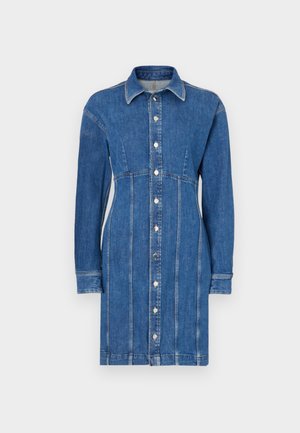 Denim-mekko keskisinisessä, jossa on nappikiinnitys edessä, pitkät hihat, kauluskoko ja pystysaumatyöstö.
