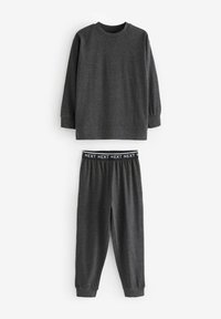 Haut long gris à manches longues avec col rond et poignets ajustés, associé à un pantalon élastique assorti avec une taille à logo.