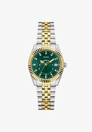 Gold and silver watch with a green face, featuring diamond markers and a date function, on a patterned metal band.