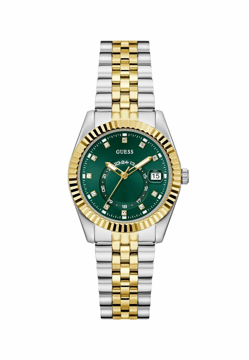 Montre en or et argent avec un cadran vert, dotée de marqueurs en diamant et d'une fonction de date, sur un bracelet en métal à motifs.