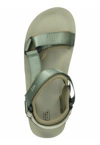 Light green textile sandal with adjustable straps, soft beige footbed, and a rounded sole. Features a logo and durable hardware.