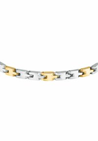 Bracciale in argento e oro con maglie rettangolari intrecciate; finitura metallica lucida, colori alternati, con dettagli hardware minimalisti.