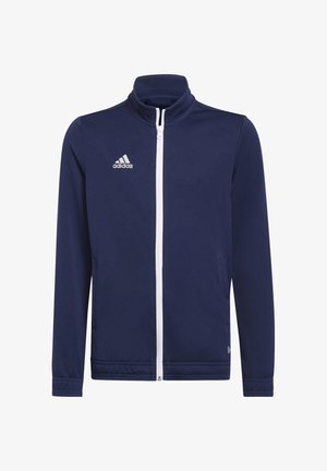 Casaco azul-marinho com fecho éclair, gola alta, fecho branco e pequeno logotipo branco. Feito de um tecido leve e suave, com duas bolsos laterais.