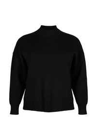 Schwarzer, hochgeschlossenes, übergroßes Sweatshirt aus weichem Strick. Mit langen Ärmeln und einem gerippten Saum, der eine lässige Silhouette bietet.