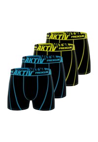 Boxers noirs avec des ceintures contrastées ; deux ont des accents bleus et deux ont des accents jaunes. Matériau lisse et design ajusté.