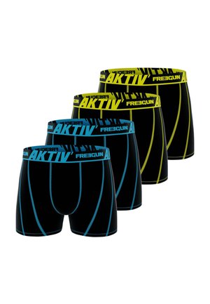Boxers noirs avec des ceintures contrastées ; deux ont des accents bleus et deux ont des accents jaunes. Matériau lisse et design ajusté.