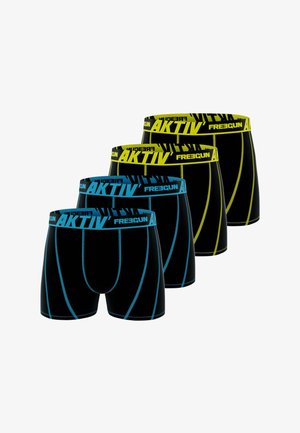 Boxers noirs avec des ceintures contrastées ; deux ont des accents bleus et deux ont des accents jaunes. Matériau lisse et design ajusté.