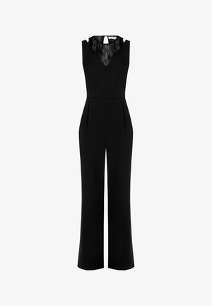 Tuta nera con design senza maniche e parte superiore in pizzo. Presenta un scollo a V, vestibilità su misura, gambe ampie e un dettaglio con apertura sulla schiena.