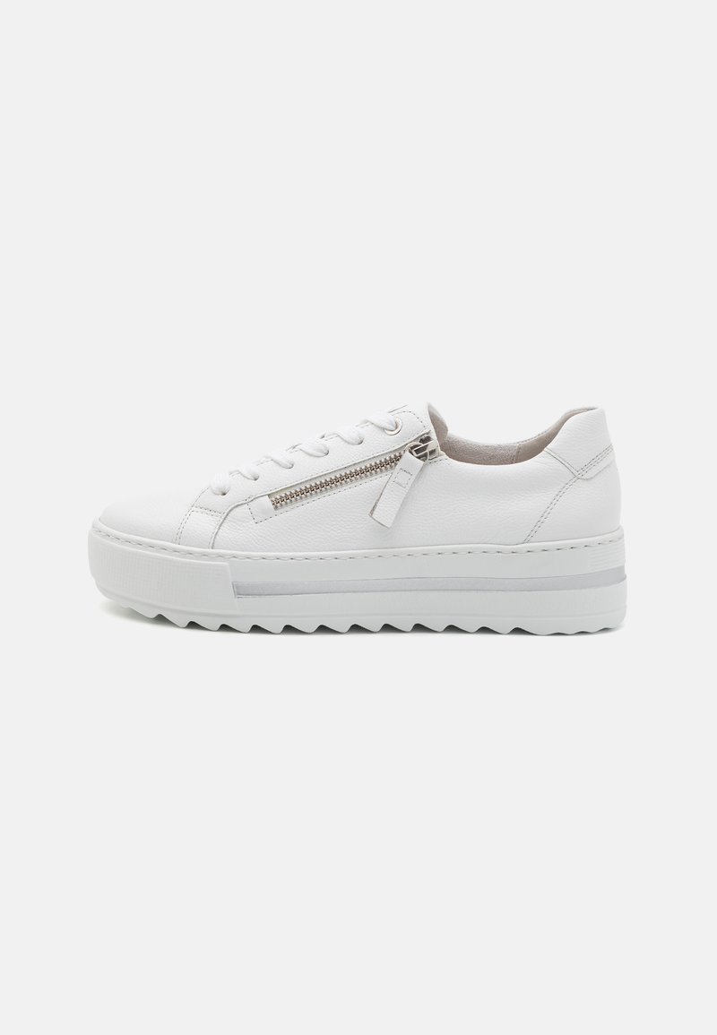 White leather sneaker with a rounded toe, zip detail on the side, and a textured white sole featuring a zigzag pattern.
