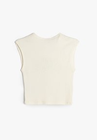 Kremowy, bezrękawnikowy crop top z okrągłym dekoltem. Wykonany z prążkowanej tkaniny o gładkiej fakturze i czystych szwach.