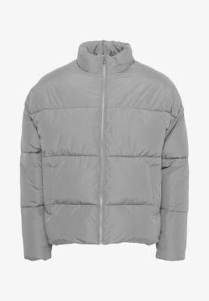 Doudoune grise avec un col montant, des coutures horizontales et une fermeture éclair à l'avant. Comprend deux poches latérales et une coupe légèrement surdimensionnée.