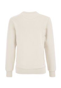 Bež majica s dugim rukavima i okruglim izrezom, s rebrastim manžetama i rubom, s diskretnim tekstualnim detaljem na boku. Mekani pamučni materijal.