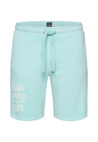 Lichtblauwe shorts van zacht katoen met een trekkoord in de taille, voorzien van een witte bedrukte logo op het linkerpoot.