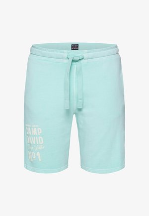 Helle türkisfarbene Shorts aus weicher Baumwolle mit einem Kordelzugbund, versehen mit einem weißen Logo-Druck auf dem linken Bein.