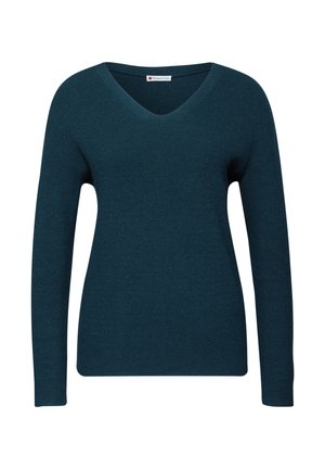 Teal lange mouwen trui met een V-hals, geribbelde textuur en een aansluitend ontwerp. Heeft een rechte zoom en geen zichtbare sluitingen.