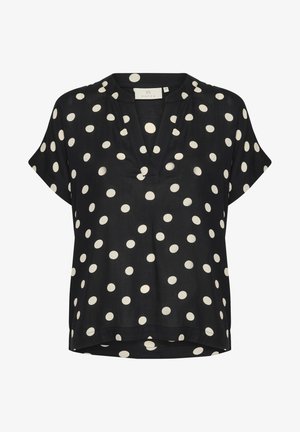 Blouse noire à manches courtes avec un décolleté en V et des pois blancs. Fabriquée en tissu léger, avec une coupe décontractée et un ourlet légèrement arrondi.