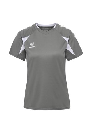 Grå sports-T-shirt med korte ærmer og hvide detaljer på skuldre og sider, med "hummel"-logoet på brystet.