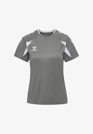 Szary sportowy krótki rękaw z białymi akcentami na ramionach i bokach, z logo "hummel" na piersi.