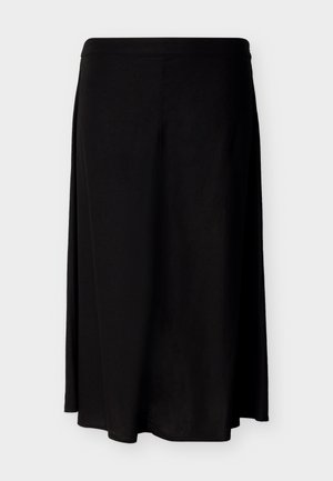 Musta, polven mittainen A-linjainen hame, jossa on sileä vyötärönauha ja pehmeä kangas, esitetty yksinkertaisen vaalean taustan edessä.