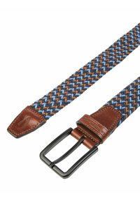 Vevet bælte med blå, brun og beige fletninger, brune læderdetaljer og en sort metalspænde. Struktureret overflade tilføjer dimension.
